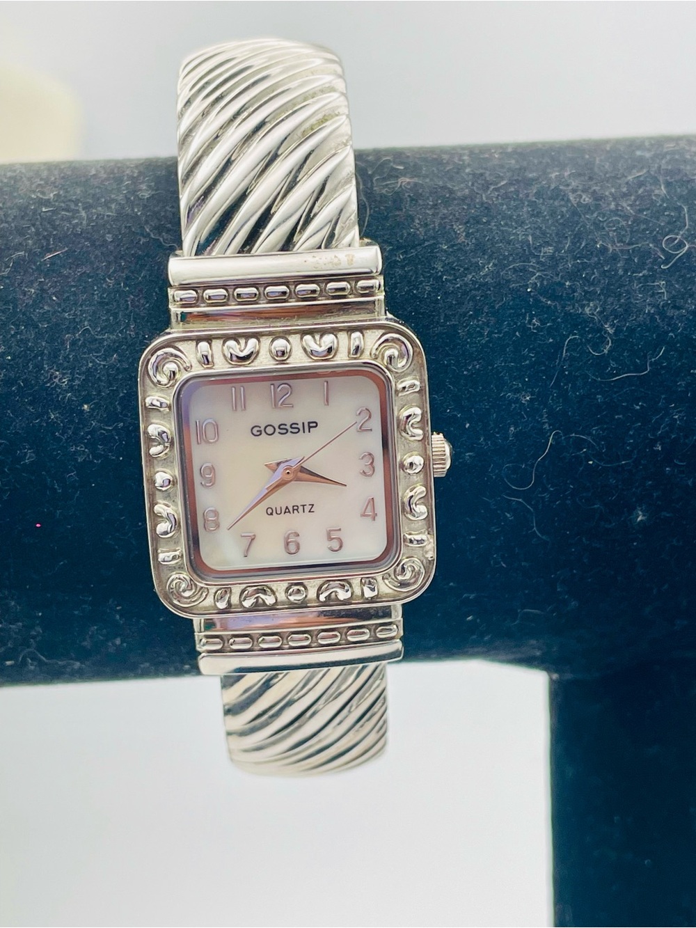 Gossip Silver-Tone Square Mother-of-Pearl Dial Cuff Bangle Watch. Size 8